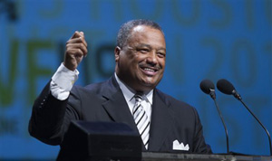 In this June 12, 2013, file photo, Pastor Fred Luter Jr., president of the Southern Baptist Convention, speaks in Houston. The Southern Baptist Convention will chose a new president from among at least three candidates on Tuesday at their convention in Baltimore.