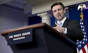 White House press secretary Josh Earnest speaks during the daily news briefing at the White House in Washington, Monday, Jan. 5, 2015. Earnest discussed House Majority Whip Steve Scalise of Louisiana., who admitted to speaking to a white supremacist group in 2002 and other topics.