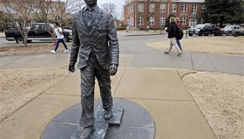 The James Meredith statue is seen on the University of Mississippi campus in Oxford, Miss., Monday, Feb. 17, 2014. A $25,000 reward is available for information leading to the arrest of two men involved in sullying the statue early Sunday, Feb. 16.