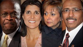 During the 2012 Election cycle, the Republican Party showcased the few minorities in its leadership ranks. Seen here are Presidential candidate, Herman Cain; South Carolina Governor, Nikki Haley; New Mexico Governor, Susana Martinez,  and former RNC chair, Michael Steele.