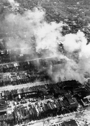 burning building viewed from the air