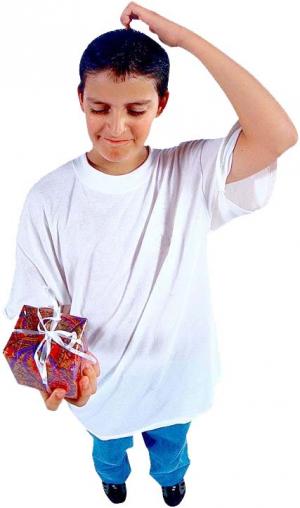 adolescent holding Christmas present